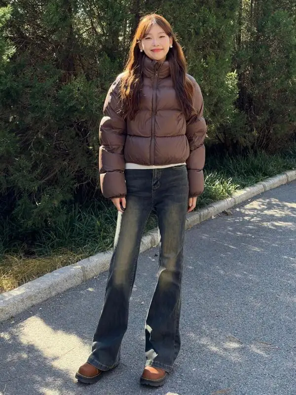 

Ретро-куртка в американском стиле для женщин: утепленная хлопковая куртка с воротником-стойкой, теплая зимняя верхняя одежда, стройнящий крой