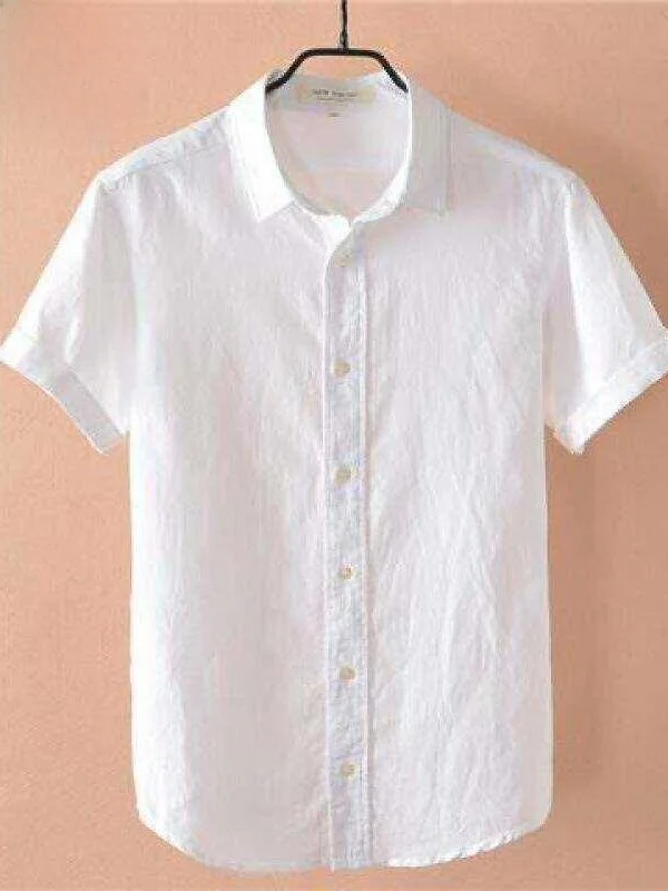 

Men's Slim Fit Short Sleeve Shirt Casual Cotton Linen Blend Thin Collar Summer White Shirt Breathable Soft Glowing Iron Free ...