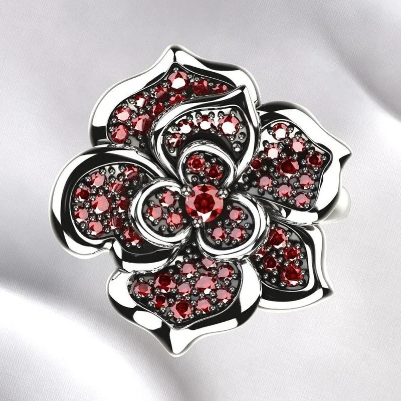 Fashion Metal Silver Plated Artisan Carved Flower Ring Set Boutique Red Zircon Ladies Classic Engagement Wedding Ring