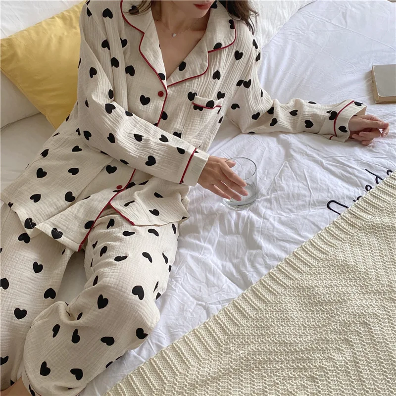 2PCS/Set Premium Sense of Pajamas Women Autumn Winter Loose Comfortable Autumn Long-Sleeved Cardigan Plaid Bear Love Homewear