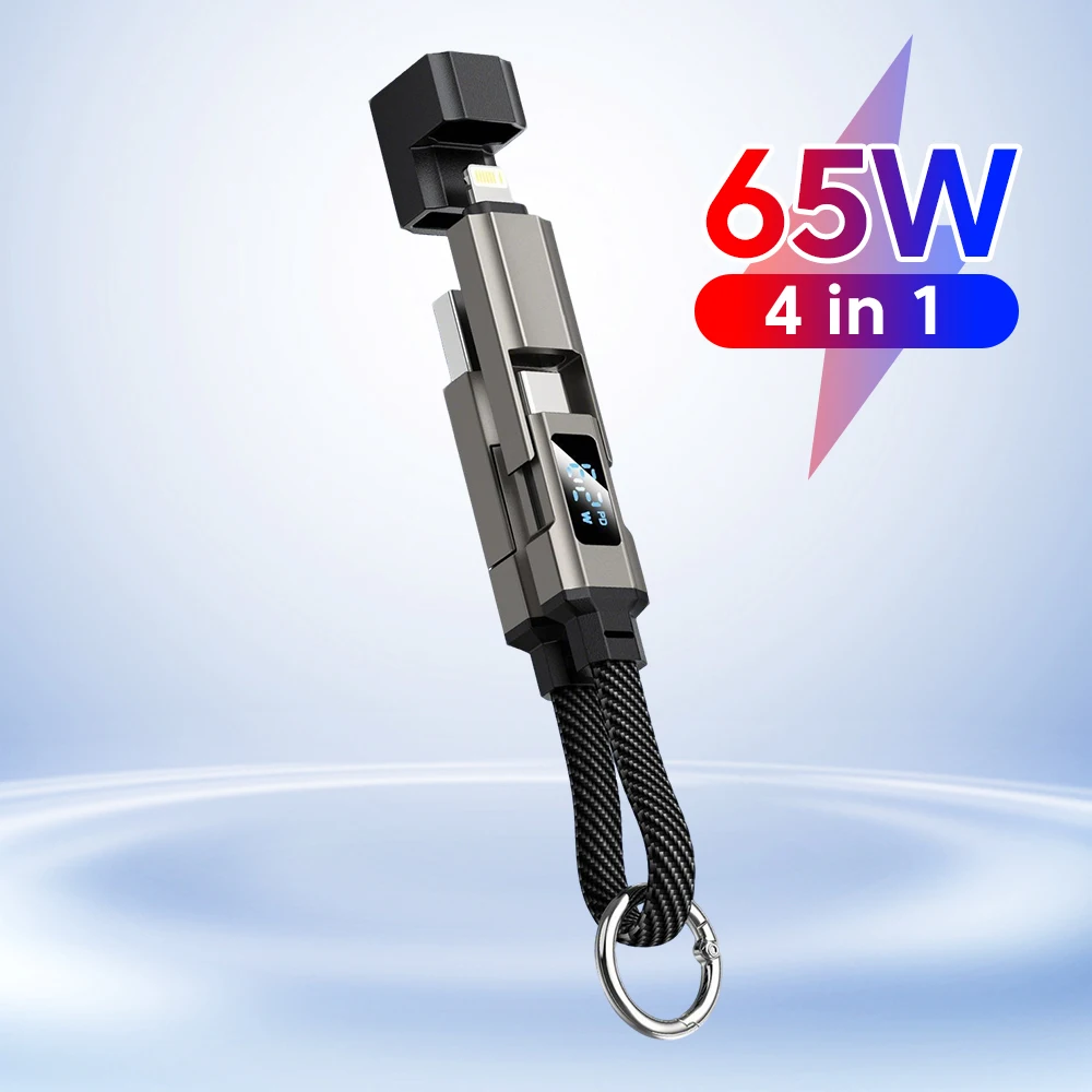 Cabo USB Tipo C 4 em 1 de 65W com Carregamento Super Rápido, Display Digital, Power Bank Portátil e Fio Curto para iPhone 17, 16 e Samsung