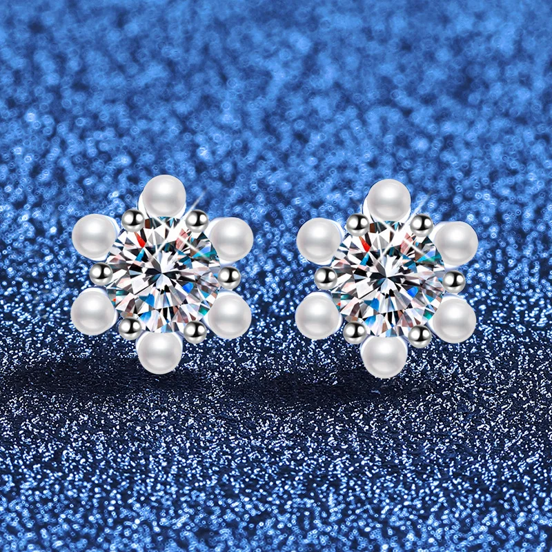 New Platinum PT950 18K Gold Moissanite Earrings Mini Pearl Sunflower Minimalist Temperament Moissanite Light Luxury Earrings