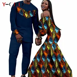 Robes longues sirène à imprimé africain pour femmes et hommes, tenues assorties, ensembles haut et pantalon Dashiki, vêtements de couple Bazin Riche, Y22C024