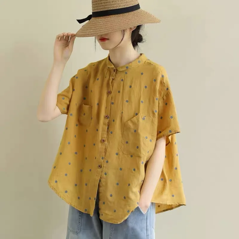 

Japanese 2025 Summer New Fashion Vintage Women's Dot Casual Trendy Short Sleeve O-neck Plus Size Shirts Female Clothes Tops