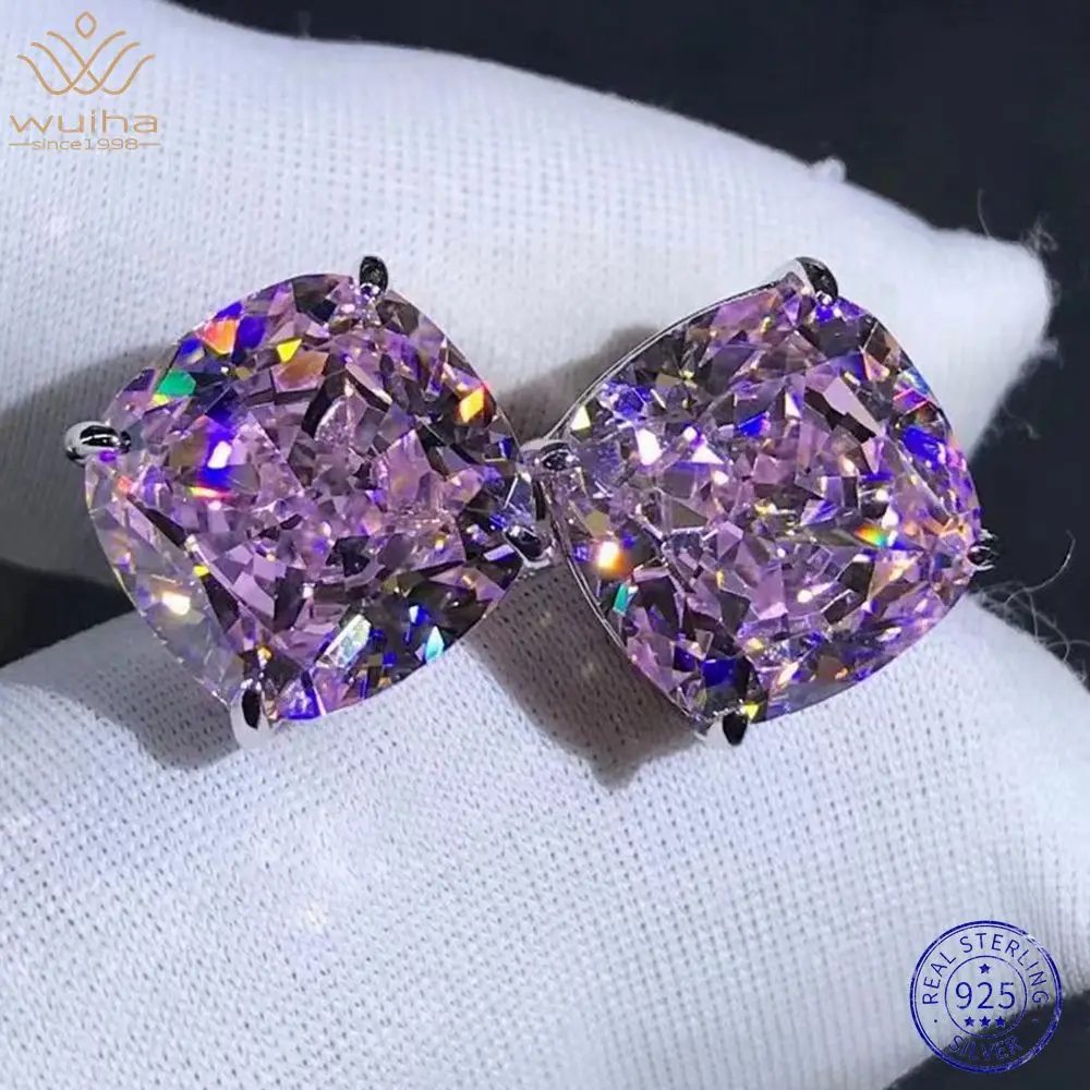 WUIHA 925 Sterling Silver Crushed Ice Cushion Cut 4CT VVS Pink Sapphire Yellow Diamond Stud Earrings for Women Gift Dropshipping