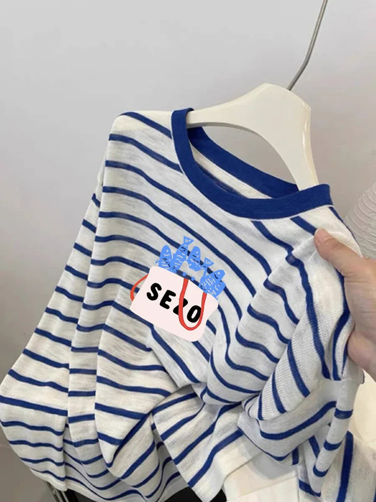 

Faionable круглая футболка Ne Color Blo в полоску с принтом, длинная женская футболка весна-лето, уникальный красивый тонкий топ, Tr...