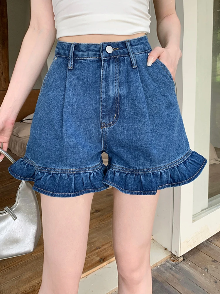 

Leisure Ruffled Hem Pleated High Waisted Denim Shorts For 2024 Summer New Korean Fashion Women'S Clothing