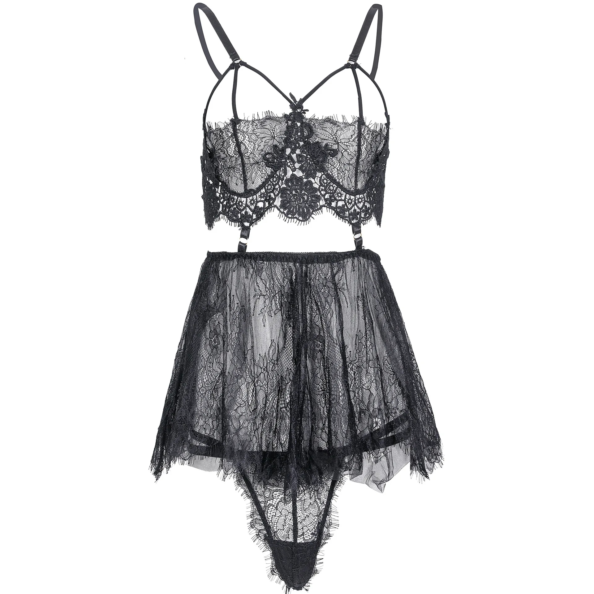 Sexy Breast Support Women's Underwear Set Seduction Perspective Sleeping Dress Transparent Lace Hollow Out Nightwear Suit
