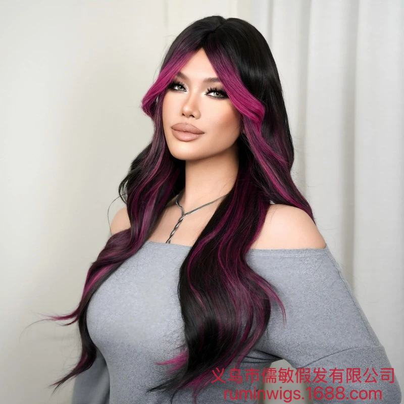 前髪付きの女性用パリ風ファッションウィッグ、フルヘッドセット、バイオレットのハイライト、カラフルなロングカーリーヘア