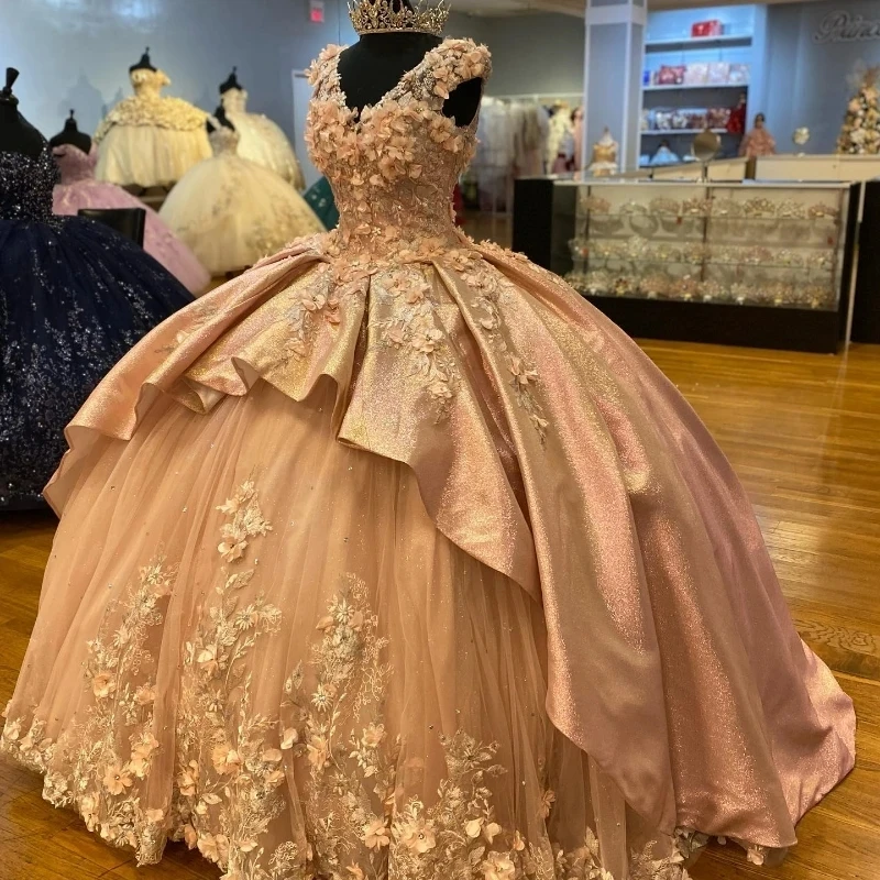 

Sparky Rose Gold Shiny 3D Flowers Off the Shoulder Quinceanera Dress Beaded Tiered Princess Ball Gown for Sweet 16 Birthday Part