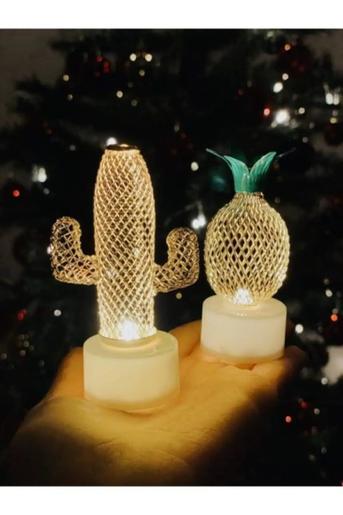 2'li Metal Pineapple And Cactus Pattern Mini Night And Table Decor Lamp Battery Operated