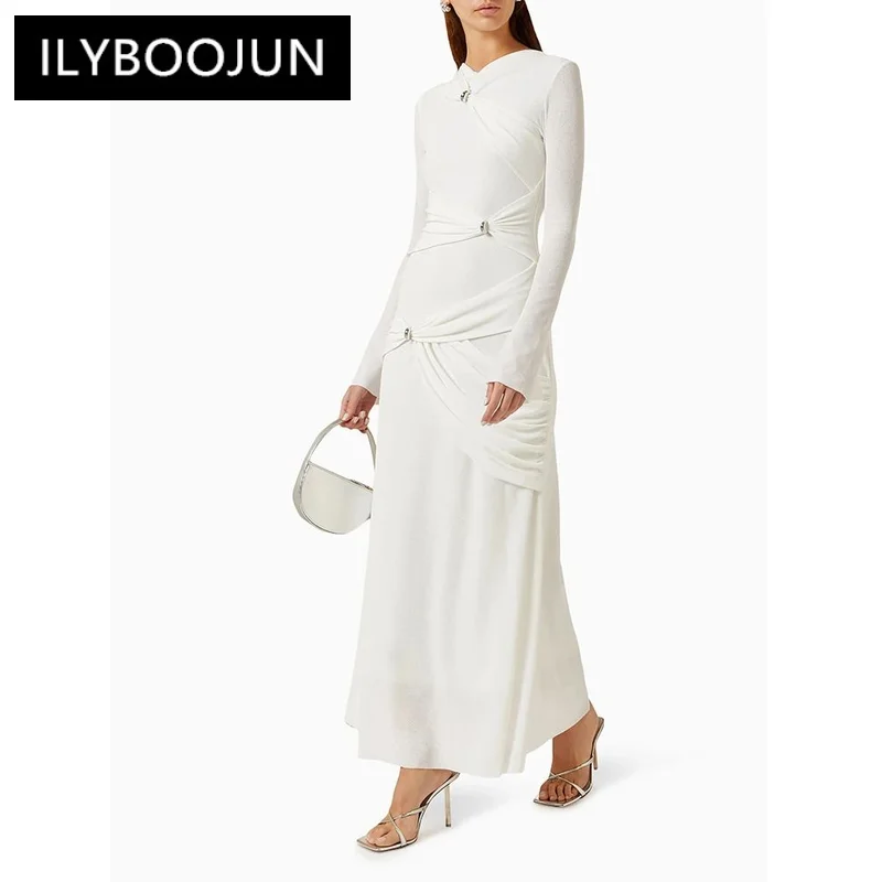 ILYBOOJUN Solid Patchwork Folds Chic Dress For Women O Neck Long Sleeve High Waist Spliced Zipper Elegant Dresses Female New