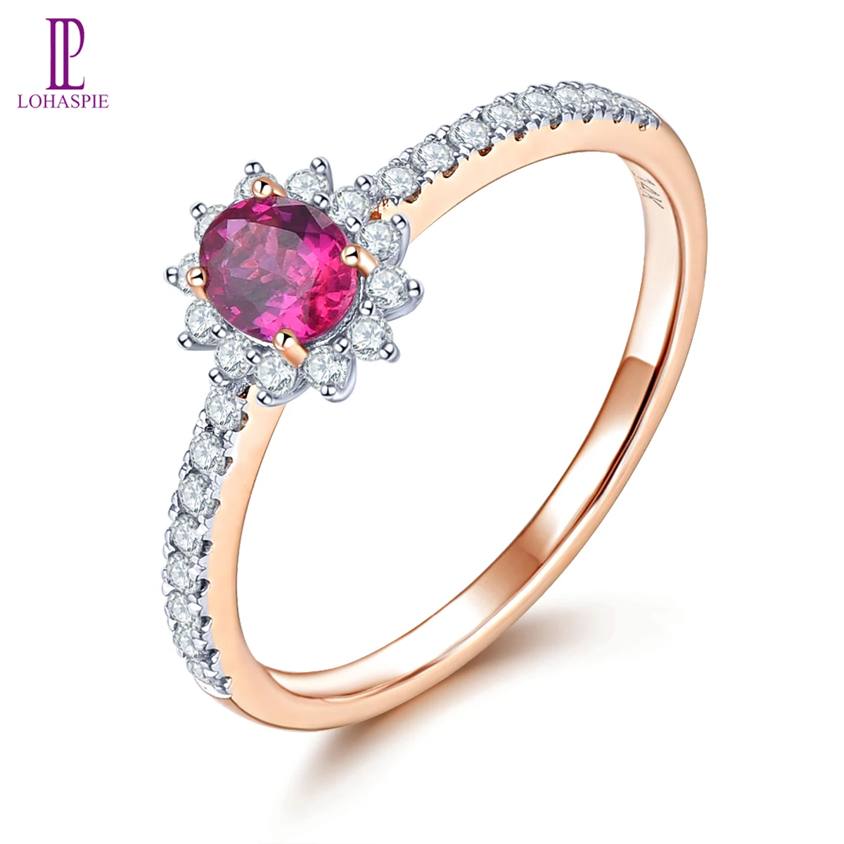 Lohaspie 14K Rose Gold Natural No Heated Ruby & Diamonds Ring 0.4 Carats Genuine Gemstone Romantic Style Fine Jewelry for Women