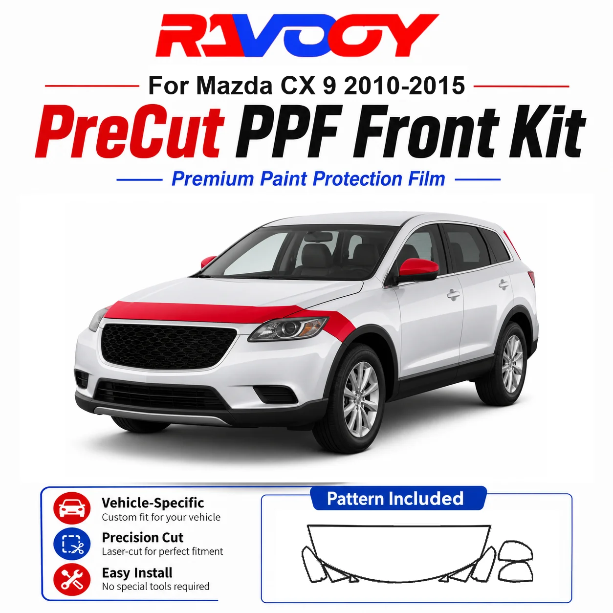 

8.5mil TPU Precut PPF Kit For Mazda CX 9 2010-2015 - Hood, Partial Fenders & Full Mirror Set - Self-Healing Gloss Clear Bra Film