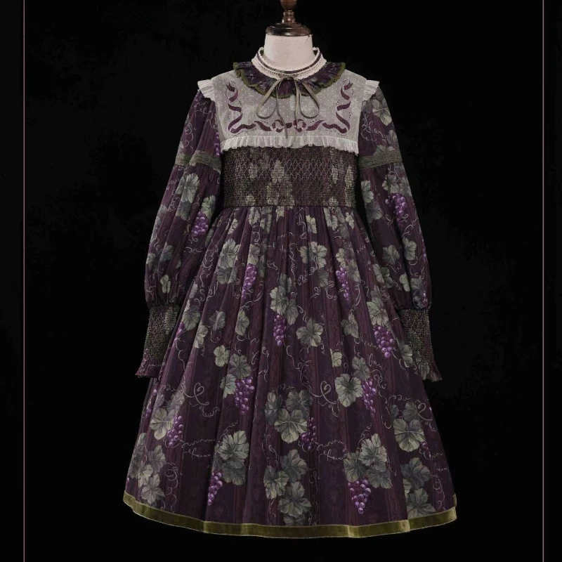 Abito vittoriano Lolita OP gotico elegante donna Halloween uva stampa manica lunga abiti da principessa ragazze Vintage Tea Party Dress