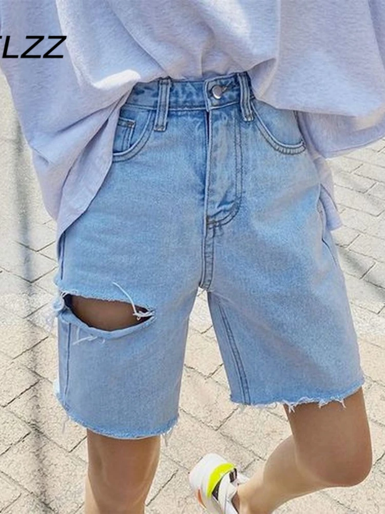 Streetwear Denim Shorts Women Korean Casual Knee Length Hole Baggy Jeans Woman Summer Short Jeans Feminino