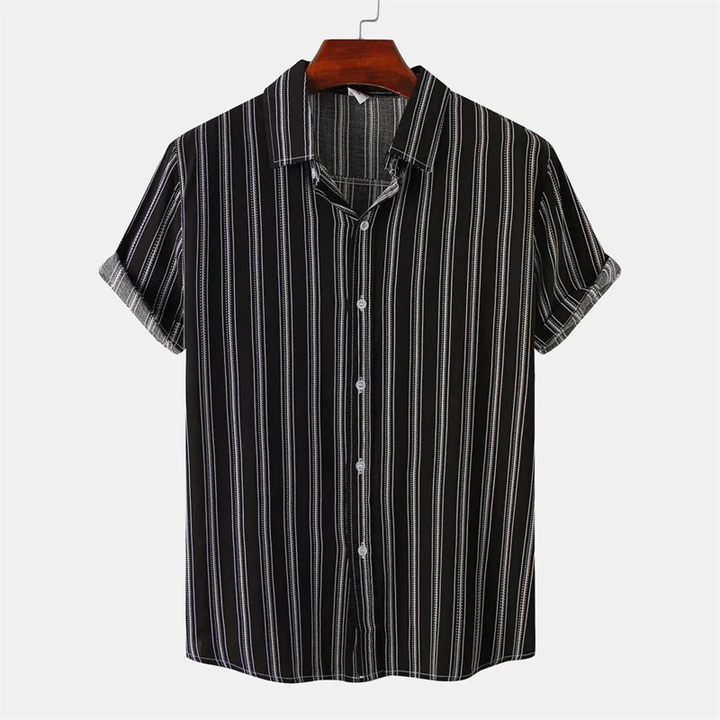 

Hawaiian Fashion Black White Striped Plaid Shirt For Men Casual Vacation 3d Print Tops Beach Short Sleeve Summer Street Shirts