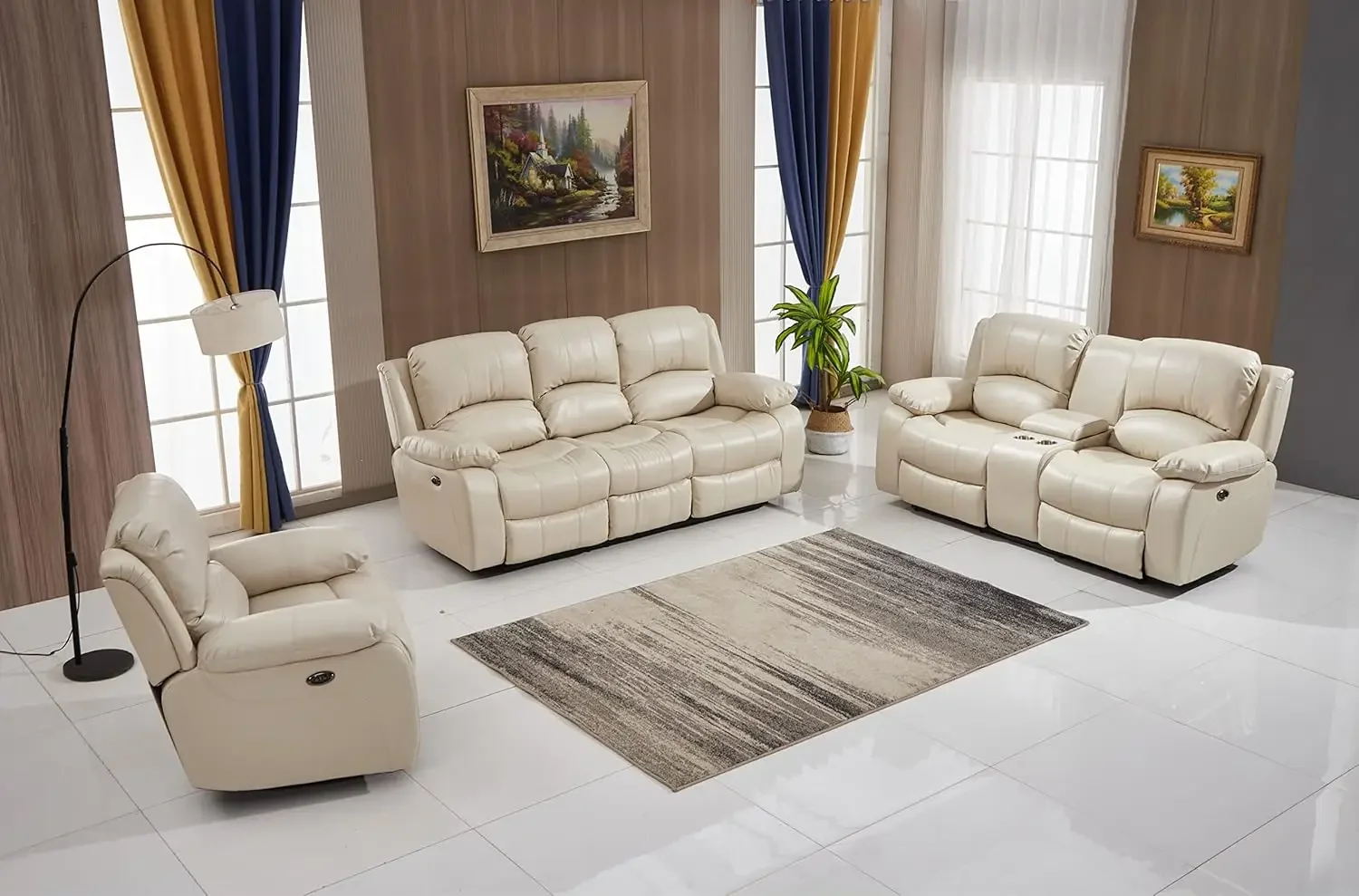 Power Reclining Bonded Leather Living Room Set Beige Sofa Loveseat Chair Easy Assembly Split Back Design