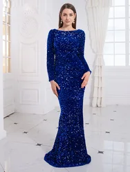 Vestido feminino de lantejoulas elástico, vestido elegante de sereia para jantar, manga comprida, azul royal, jantar formal, inverno, 2023