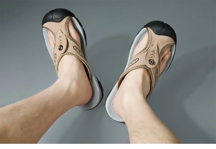 Sommerliche, atmungsaktive Herren-Sandalen aus weichem Echtleder, bequeme Herren-Hausschuhe, flache Herren-Flip-Flops, Outdoor-Römersandalen für den Strand – Detail 8
