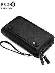 Business RFID Men's Handbag New Double Zipper Large Capacity Men's Wallet High Quality PU Leather Multi functional Men'sCard Bag