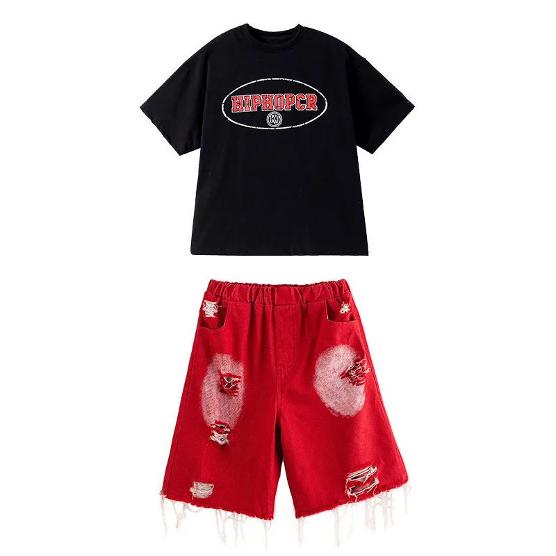 Kid Kpop Hip Hop Clothing Black Letters T Shirt Red Casual Ripped Distressed Shorts for Girl Boy Jazz Dance Wear Costume Clothes