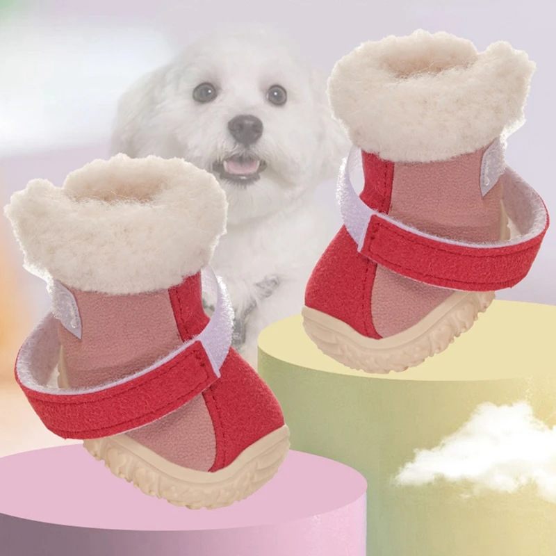 Winter Dog Booties for Small Dogs 4pcs/Set Thicken Fleece Warm Dog Snow Boots Durable Anti-Slip Kick Proof Dog Shoes