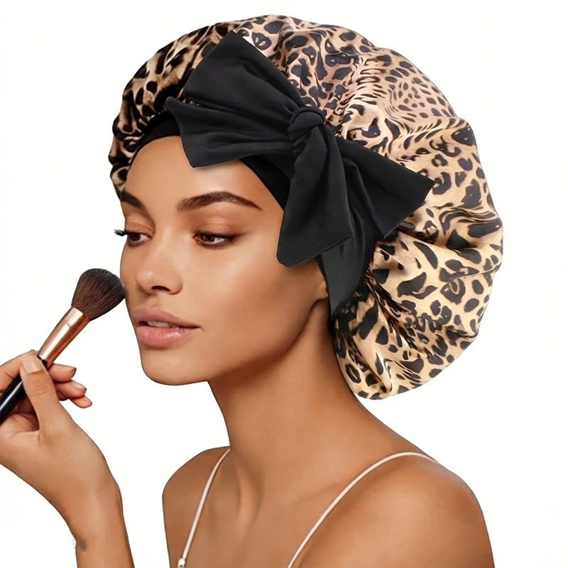 Women Leopard Print Silky Bonnet With Elastic Tie Band Hair Wrap Night Sleep Cap Shower Daily House Cap For Natural Curly Hair
