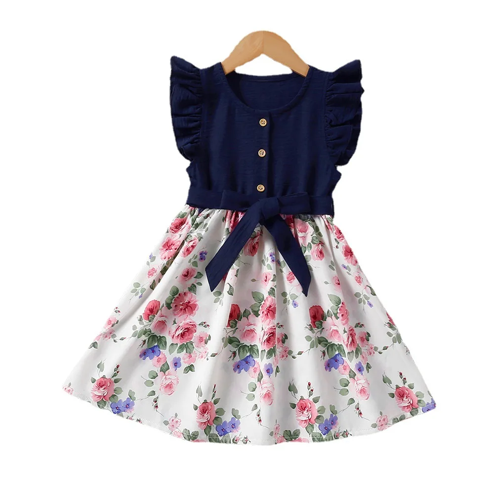 Fashion Clothes Vestidos 3 To 8 Years Girls Kids Dress Spring Summer New Girls Lace Sleeve Splicing Floral Dress Casual