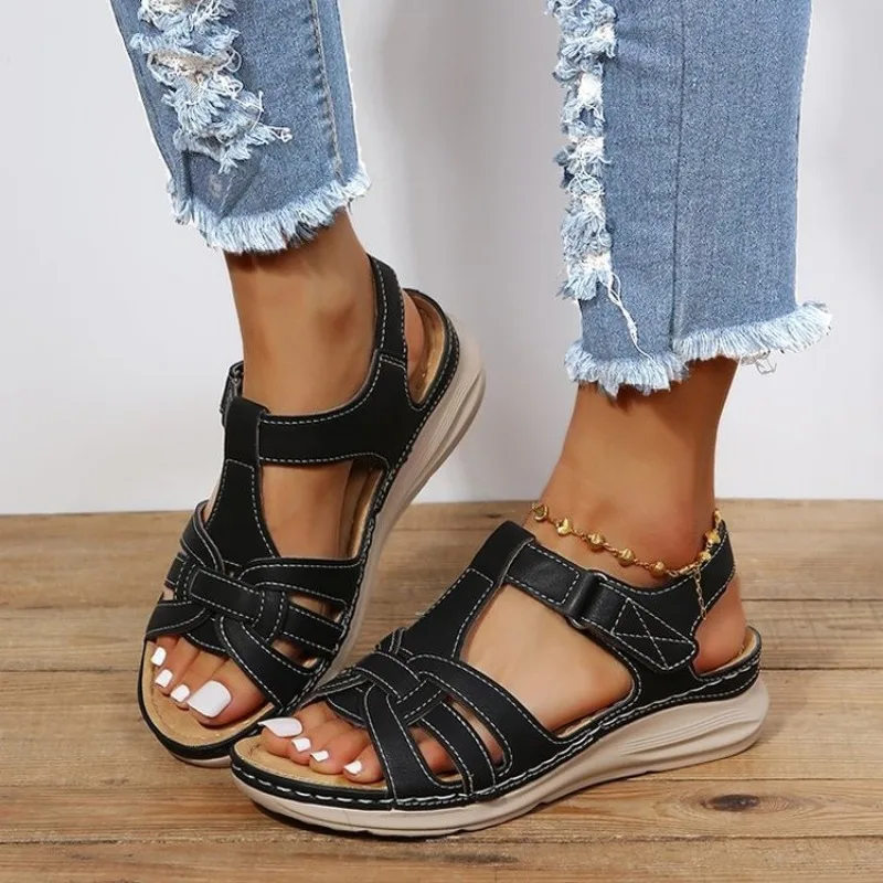 2024 Hot Sale Ladies Shoes Open Toe Women's Sandals Summer Rome Hollow Solid Outdoor Casual Comfortable Beach Wedge Sandals image 5