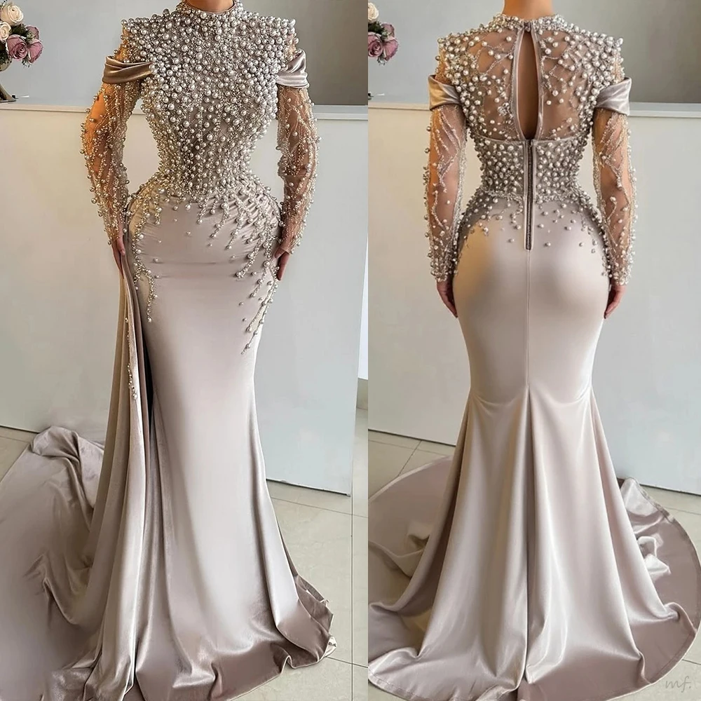 فساتين سهرة أنيقة حورية البحر رقبة عالية لؤلؤ كم طويل مناسبة فساتين لحضور الحفلات الموسيقية Fساتين Shrase مصنوعة حسب الطلب