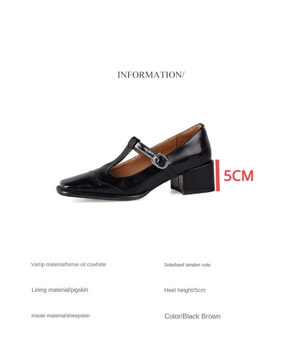 2024 New Women Dress Shoes Thick Heels Mary Janes Shoes Genuine Leather Shallow Square Toe Pumps Ankle Strap Ladies Shoes Office