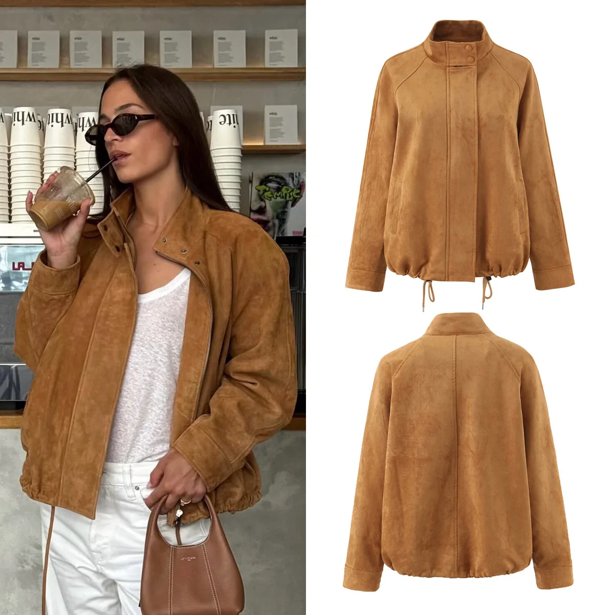 

Women Vintage Suede Jacket Fashion Brown Casual Slim Drawstring Coats New Office Lady Autumn Suede Outwear Female Coats