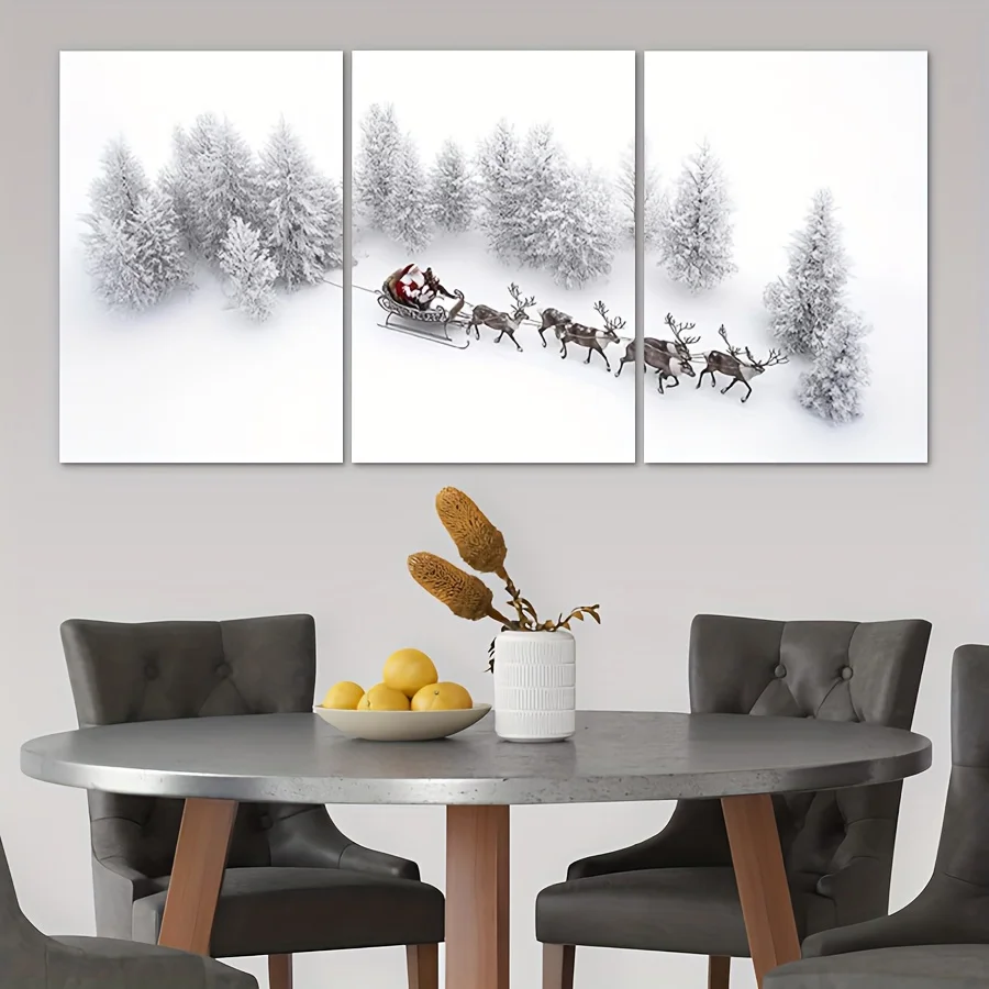 Frameless3 PCS 2D Halloween Decorations - Decorative Painting - Wall Decor - Santa Sleigh Reindeer Snowy Winter Scene - Bathr