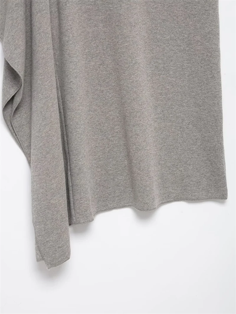 تنورة نسائية ميدي 2025 شتاء جديد رمادي غير متماثل ديكور ممزوج تنورة ميدي أنيقة وأنيقة