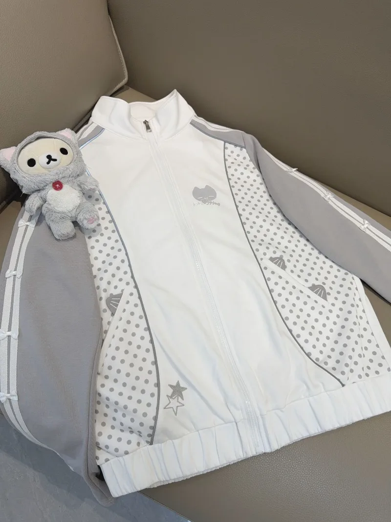 Kimotimo Japanese Cute Cartoon Embroidery Polka Dot Sweatshirt Women Sweet Stand Collar Loose Casual Jacket Retro Y2k Streetwear - view 6