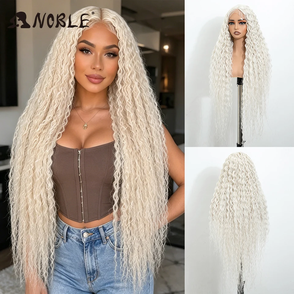 Noble Synthetic Lace Front Wig Curly Wig 34Inch White Blonde Heat Resistant Synthetic Fiber With Baby Hair Wig For Black Women