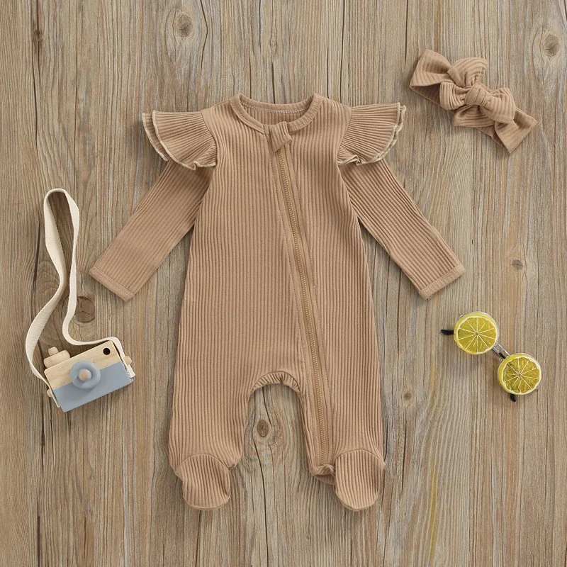 Baby Rompers Boys Girls Knitted Long Sleeve Ruffles Zipper O-neck Jumpsuits Headband Spring Autumn Outfits Newborn Clothes