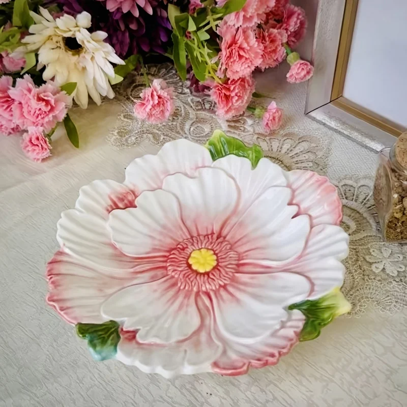 Hand-painted Underglaze Embossed Pink Flower Ceramic Decor fruit decorative plate, Suitable for restaurants, a beautiful gift