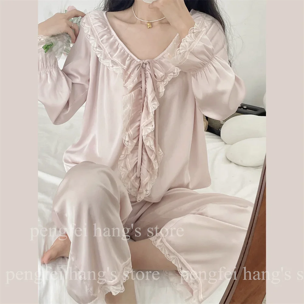 Lolita Princess Style Top&pants Ruffles Lace Trim Pajamas Set Women Satin 2Pcs Nightwear Loose Loungewear Homewear Sleepwear