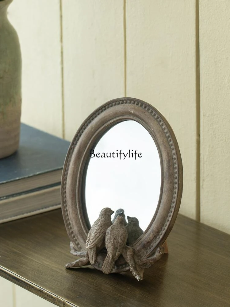 

Imitation Solid Wood Distressed Retro Textured Resin Table Mirror Bird round Dressing Mirror Cosmetic Mirror