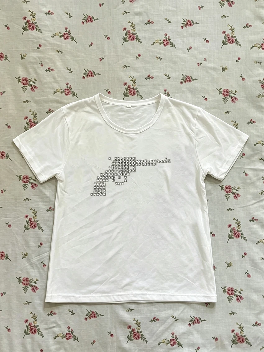 Y2K Women O-Neck Short Sleeve T-Shirt Fashion Silver Stud Pistol Graphic Tee Punk Grunge Streetwear Multicolor Casual Daily Tops