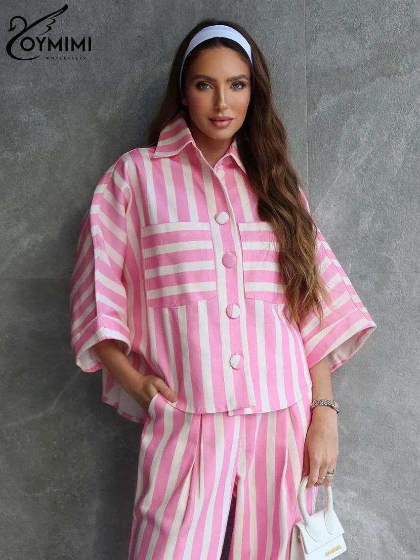 Oymimi Fashion Pink Print Women 2 Piece Set Outfit Casual Pockets Three Quarter Sleeve Button Shirts And Ankle-Length Pants Sets