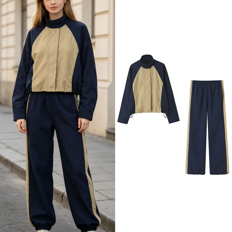 Women's sportswear setstand-collar drawstring cropped jacket elastic waist side-stripe wide-leg pants casual everyday set