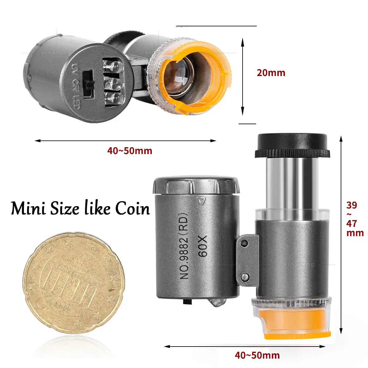 Mini Lupa Microscópio de Bolso com Luz UV LED, Jóias Lupa, Jewelers Eye Loupe para Moedas de Diamante Moeda, 60X