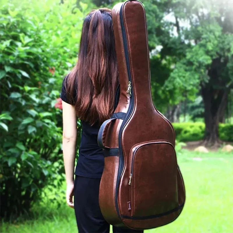 40/41 Inch Classical Brown PU Leather Case Acoustic Folk Guitar Gig Bag Cover Shoulder Strap Waterproof Guitar Case Backpack