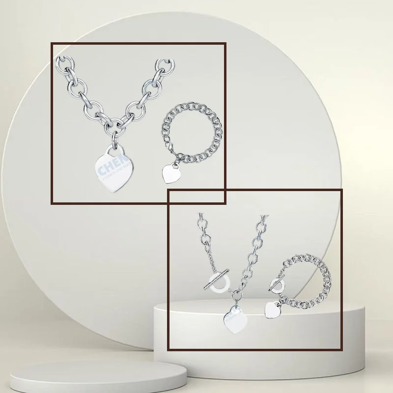 

925 Sterling Silver Heart-shaped Jewelry Set: Soft Bracelet and Necklace, Sweet Design, Versatile Style.