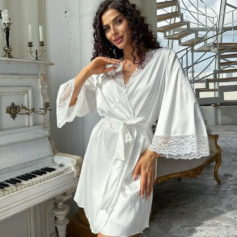 2026 New Women's Satin Lace Morning Robe Long Sleeve Loose Pajamas Spring Summer Loungewear Style