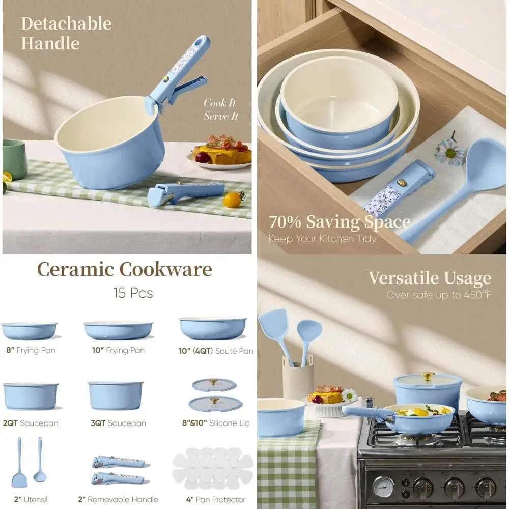 

15-Piece Non-Stick Cookware Set with Detachable Handles, Safe for Dishwasher and Oven, Ideal Kitchen Cooking Essentials