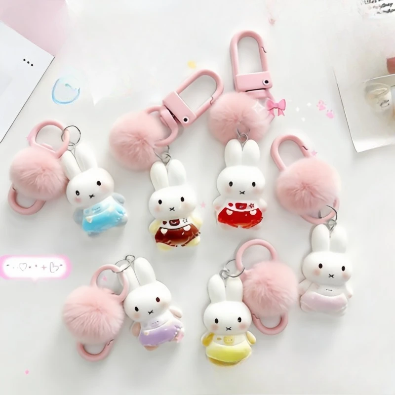 Cute Miffy Bunny Keychain Kawaii Cartoon Rabbit Doll With Pink Pom‑pom Ball Pendant Backpack Hanging Ornament Gift Teen Girls